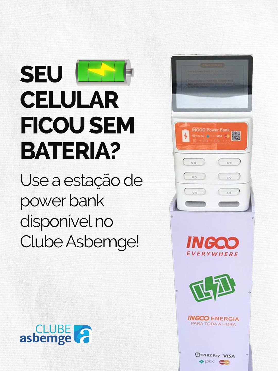 Seu celular sem bateria? No Clube Asbemge isso não é mais problema! 🔋📱